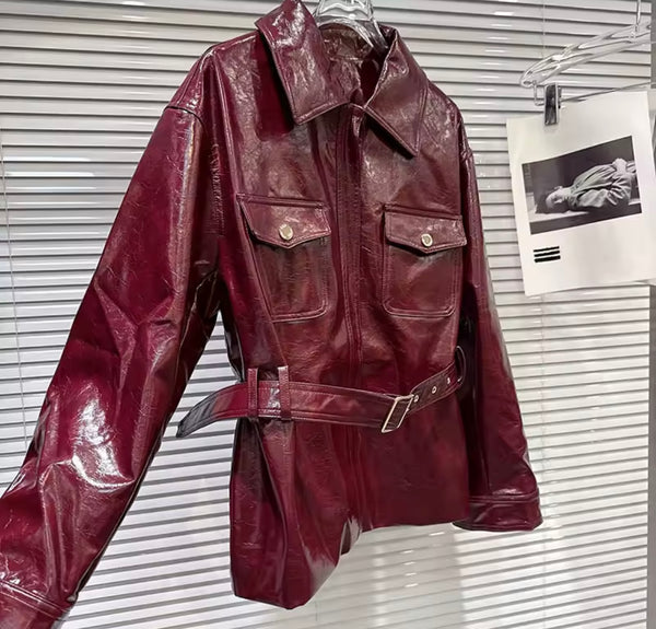 Women Faux Leather Zip Up Belted Fashion Jacket