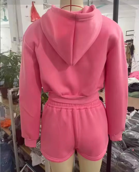 Women Fashion Pink Hooded Zip Up Two Piece Short Set