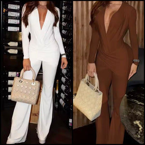 Women Sexy Solid Color V-Neck Full Sleeve Ruched Jumpsuit