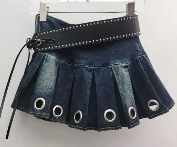 Women Sexy Fashion Belted Rivet Denim Pleated Skirt