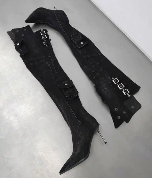 Women Fashion Black Denim Buckled Pocket Over The Knee Boots
