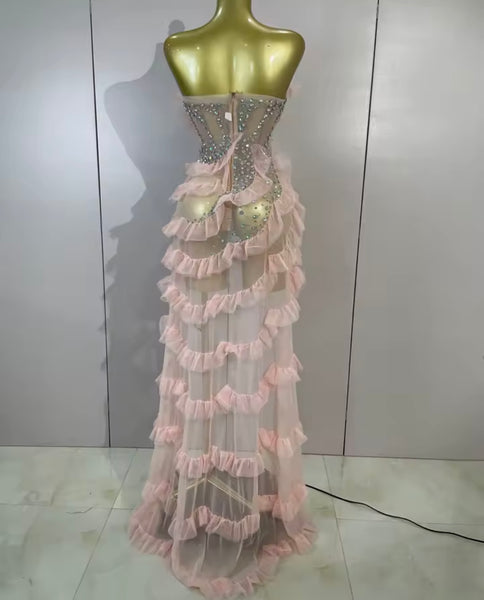 Women Sexy Pink Strapless Ruffle Rhinestone Asymmetrical Dress