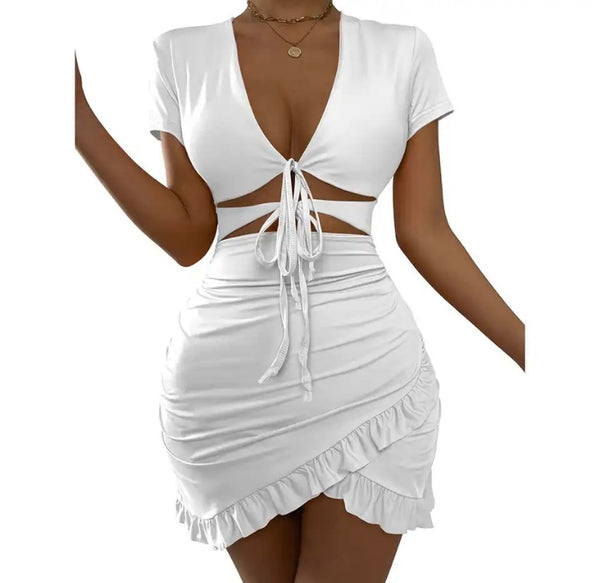 Women Sexy Cut Out Tie Up Short Sleeve Ruffled Dress