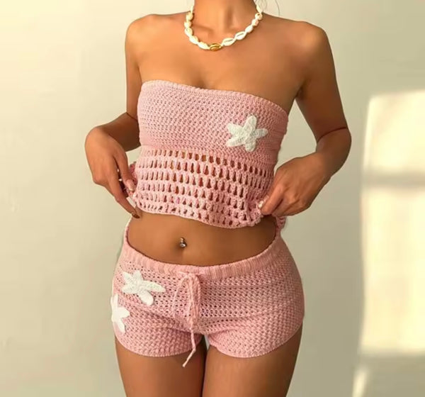 Women Sexy Strapless Tie Up Open Back Knitted Two Piece Short Set