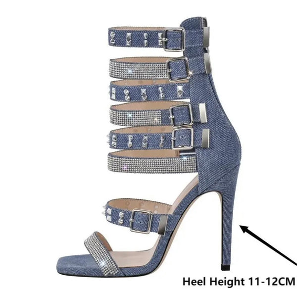 Women Fashion Denim Bling Rivet Buckled Sandals