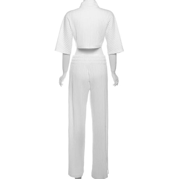 Women Sexy Solid Color Button Up Short Sleeve Crop Two Piece Pant Set