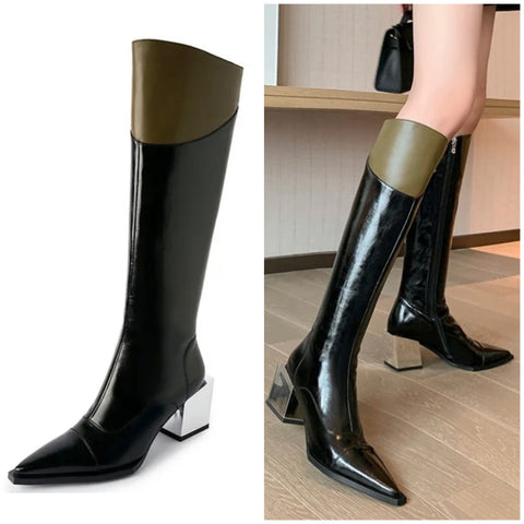 Women Fashion Color Patchwork Square Heel Knee High Boots