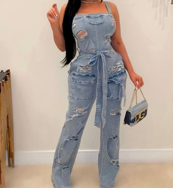 Women Fashion Sleeveless Ripped Denim Jumpsuit