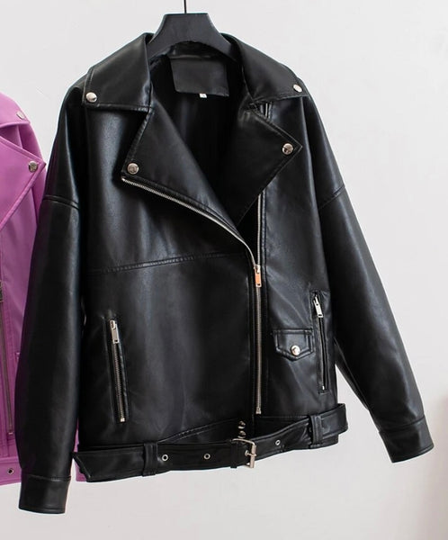 Women Solid Color Fashion Faux Leather Jacket