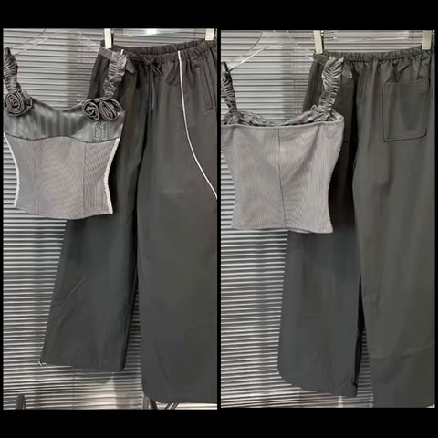 Women Gray Sleeveless Fashion Striped Two Piece Pant Set