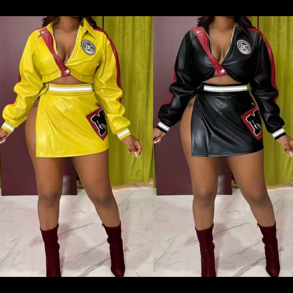 Women Color Patchwork Printed Faux Leather Two Piece Skirt Set