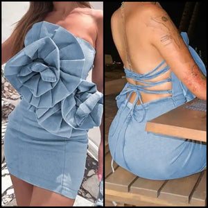 Women Sexy Strapless Ruffled Lace Up Back Denim Dress