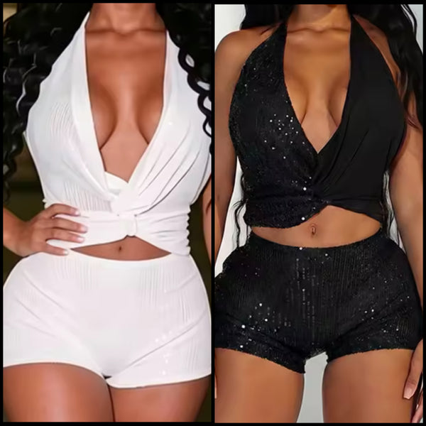 Women Sexy Sequins Halter Open Back Sleeveless Two Piece Short Set