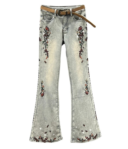 Women Fashion Embroidery Gem Print Denim Pants