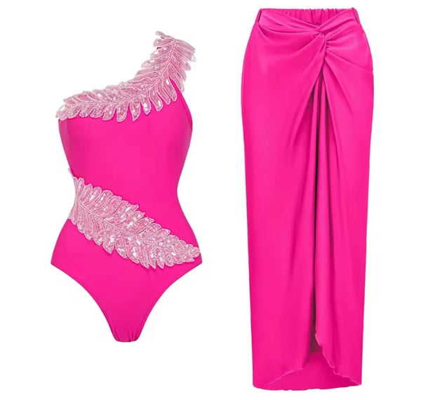 Women Sexy Sequins One Shoulder Swimsuit Cover Up Set