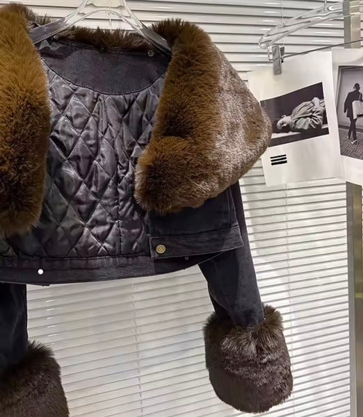 Women Fashion Brown Faux Fur Patchwork Denim Jacket