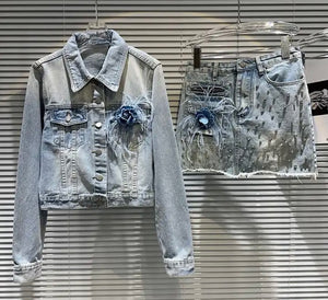 Women Flower Feather Fashion Rhinestone Denim Two Piece Jacket Skirt Set