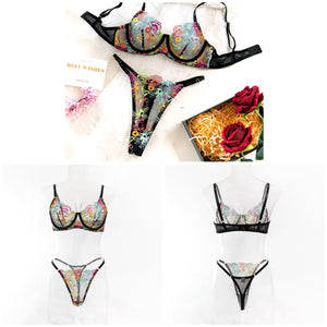 Women Sexy Black Colorful Floral Lace Lingerie Set