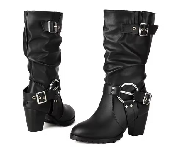 Women Black Fashion Silver Buckle Ruched Ankle Boots