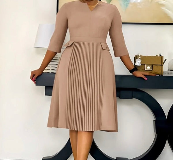 Women Solid Color Full Sleeve Pleated Dress