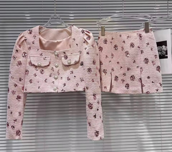 Women Pink Printed Sequins Full Sleeve Two Piece Skirt Set