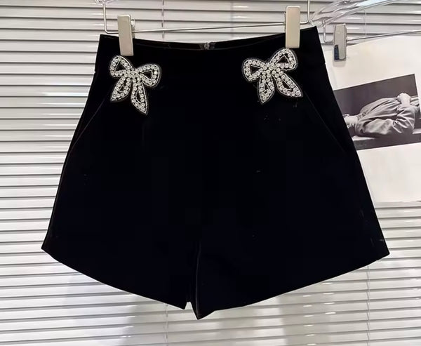 Women Fashion Rhinestone Bow Black Shorts