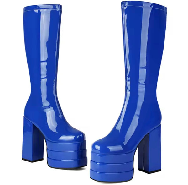 Women Color Platform Patent Leather Fashion High Heel Boots