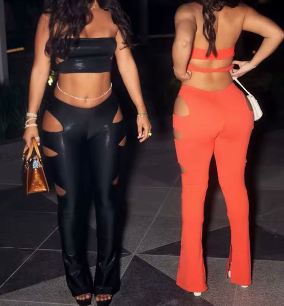 Women Sexy Strapless Cut Out Crop Two Piece Pant Set