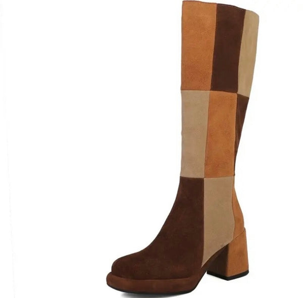 Women Fashion Suede Color Patchwork Knee High Boots