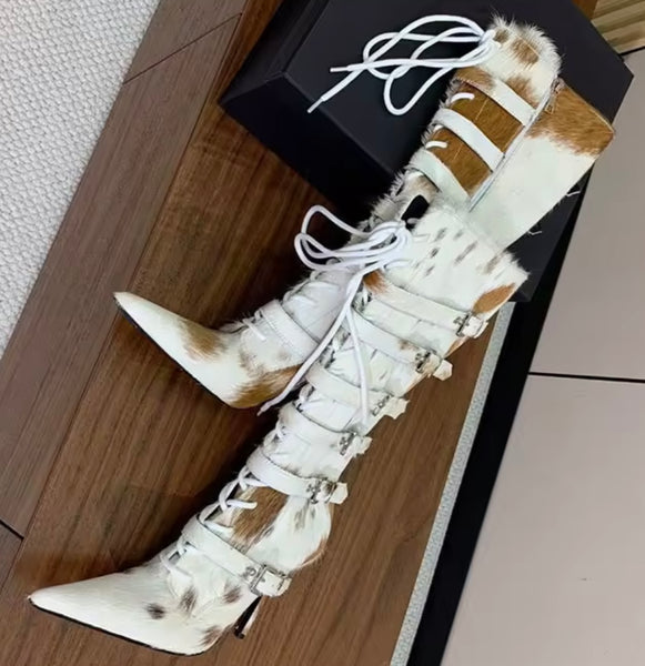 Women Fashion Mohair Lace Up Buckled Knee High Boots