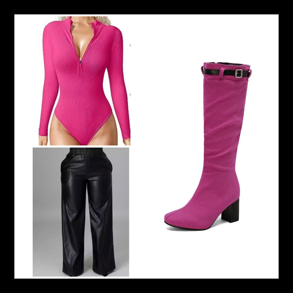 Women Fashion Color Buckled Zip Up Knee High Boots
