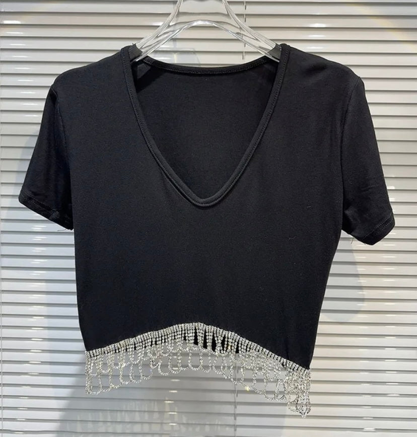 Women Fashion Short Sleeve Bling Tassel Top