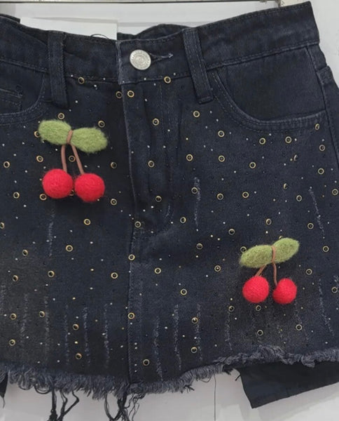 Women Fashion Rivet Cherry Denim Skirt