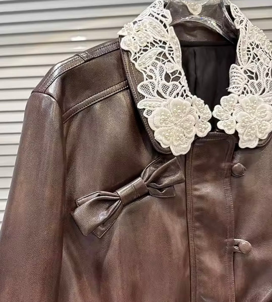 Women Brown Lace Patchwork Bow Faux Leather Jacket