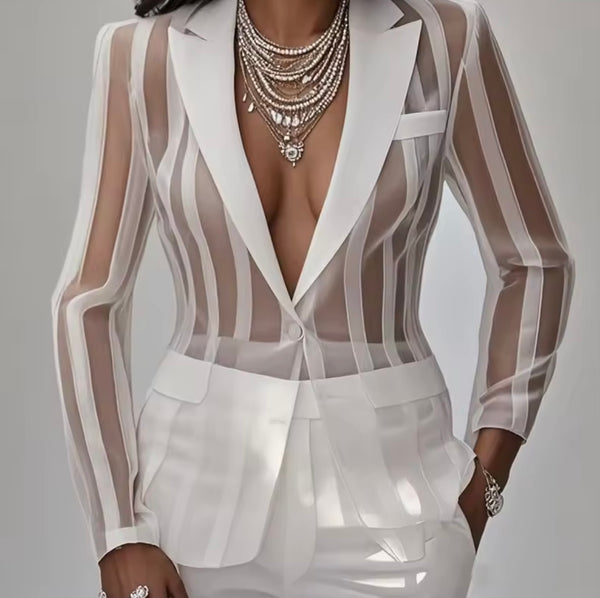 Women White See Through Mesh Fashion Full Sleeve Blazer Top