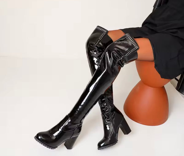 Women Fashion Rhinestone Patent Leather Over The Knee Boots