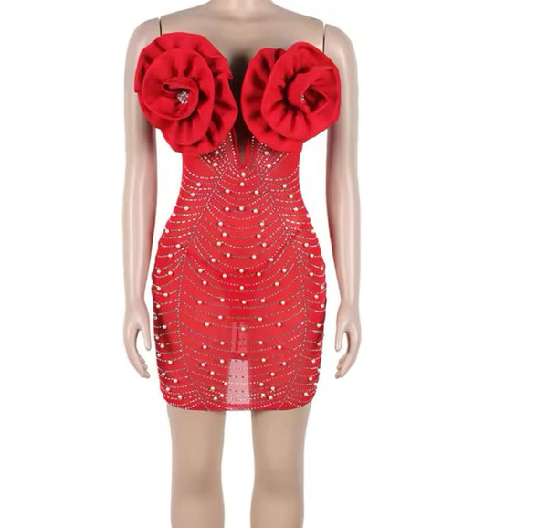 Women Sexy Strapless Red Beaded Mesh Dress