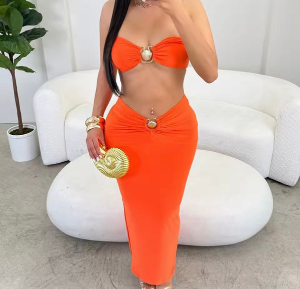 Women Sexy Strapless Shell Two Piece Maxi Skirt Set