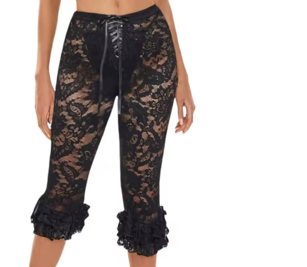 Women Sexy Sleeveless Lace Two Piece Capri Pant Set