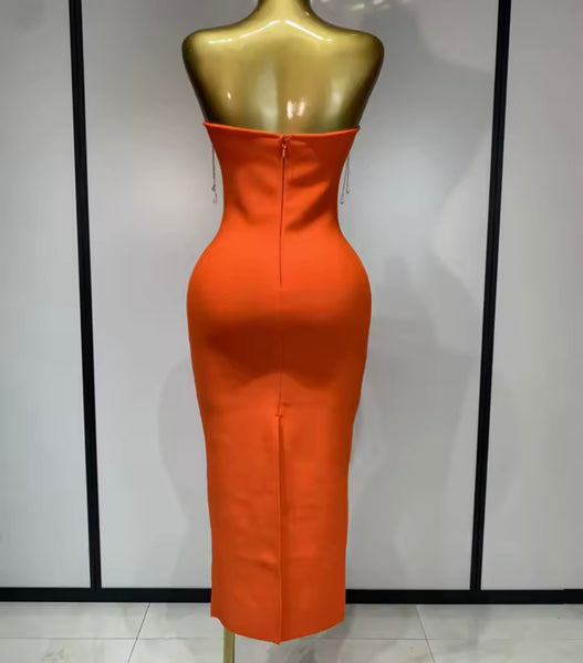 Women Sexy Orange Strapless Tassel Crystal Maxi Dress