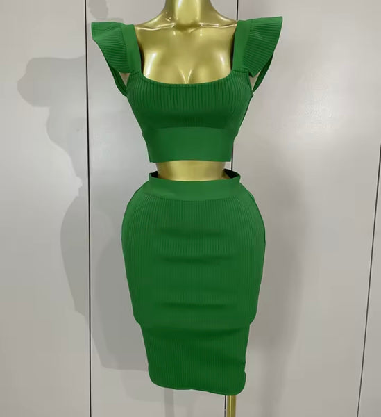 Women Sexy Ruffled Sleeveless Crop Two Piece Skirt Set