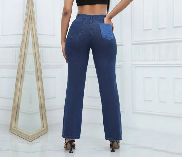 Women Color Patchwork Pocket Fashion Denim Pants