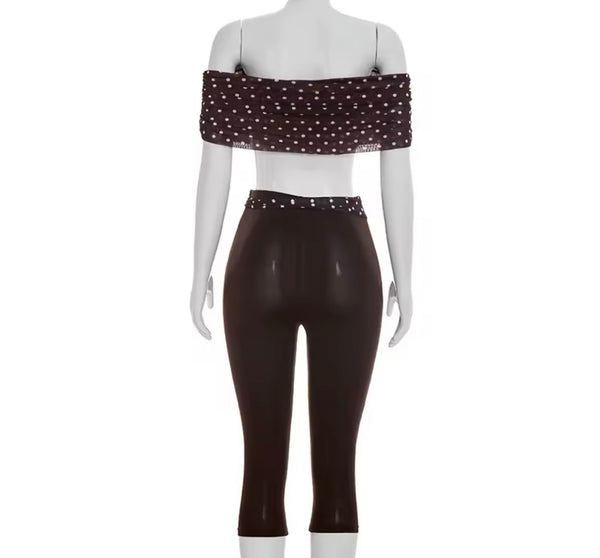 Women Fashion Off The Shoulder Polka Dot Two Piece Capri Pant Set