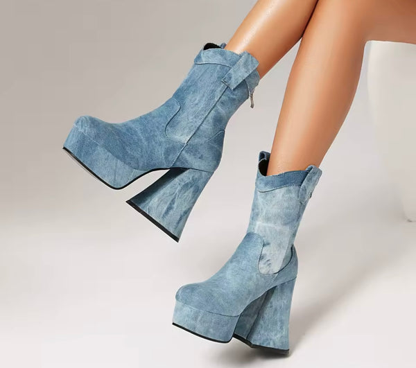 Women Fashion Square Toe Platform High Heel Ankle Boots