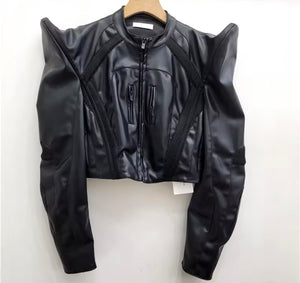 Women Fashion Zip Up Faux Leather Short Jacket