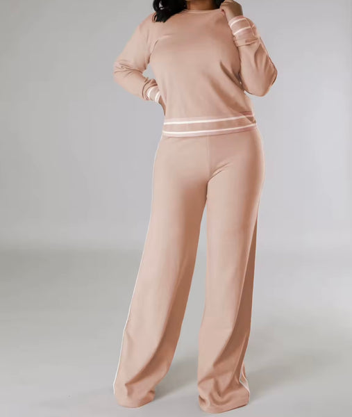 Women Solid Color Striped Patchwork Full Sleeve Two Piece Pant Set