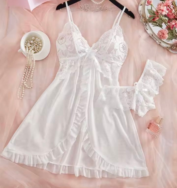 Women Sexy Sleeveless Ruffled Lace Mesh Nightgown Lingerie Set