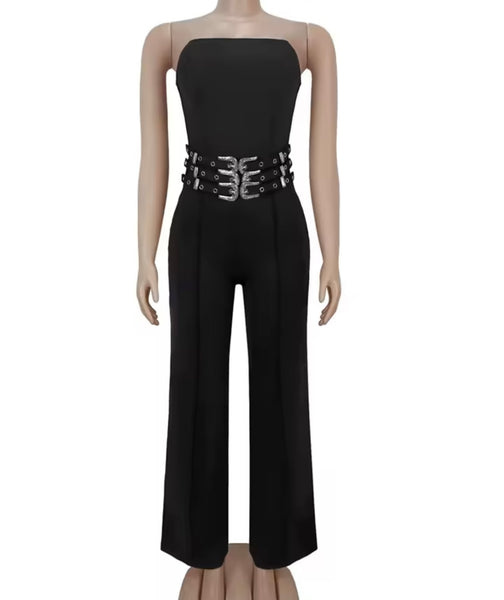 Women Sexy Strapless Black Buckled Jumpsuit