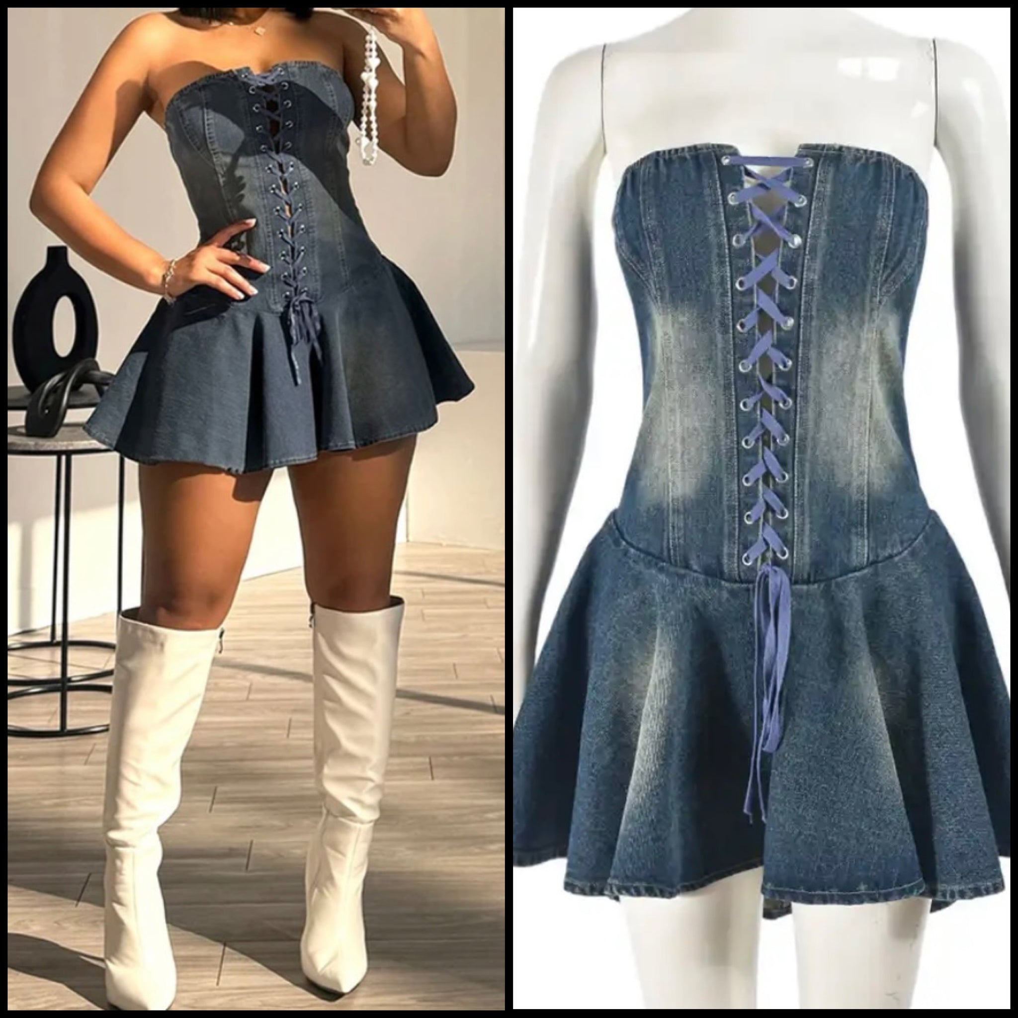 Women Sexy Strapless Lace Up Denim Ruffled Dress