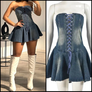 Women Sexy Strapless Lace Up Denim Ruffled Dress